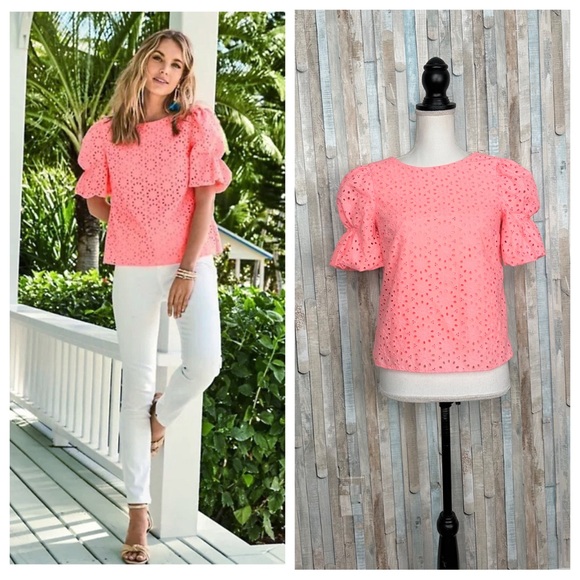 Lilly Pulitzer Tops - Lilly Pulitzer XXS XS Shaila Puff Sleeve Eyelet Blouse Top Bright Neon Pink‎